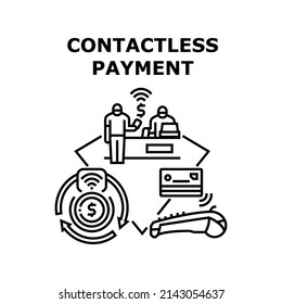 Concepto de icono del vector de pago sin contacto. Tecnología De Pago Sin Contacto Para Pagar Por Tarjeta De Crédito Y Smartphone Digital En Terminal Pos De La Tienda. Dinero Electrónico Pagar En Tienda Ilustración Negra