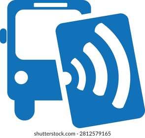 Contactless payment vector icon featuring a public bus and a smart card with radio waves symbol. Flat design isolated on white background for public transport ticketing, NFC technology, and transit pass concepts.