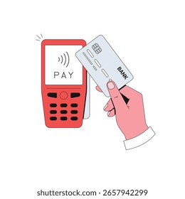 Ilustración vectorial de pago sin contacto. Mano sosteniendo la tarjeta bancaria. Tarjeta de crédito y terminal
