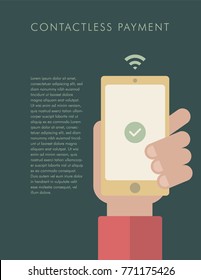Contactless Payment. Vector illustration of hand holding smartphone. Article layout design.