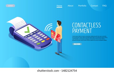 Contactless payment vector website template, web page and landing page design for website and mobile site development. Pos terminal and man making purchase using credit card. Secure payment method.