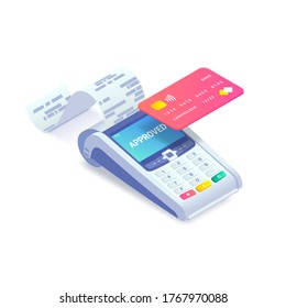 Contactless payment via credit card isometric concept. 3d payment machine printing check, plastic debit card isolated on white. Success cashless transaction NFC payment approved. Vector illustration