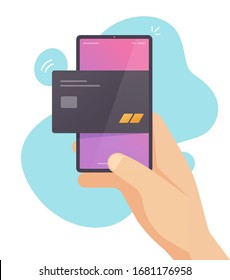 Contactless payment via mobile phone or cashless electronic pay with smartphone and credit or debit bank card vector flat cartoon illustration, concept digital cellphone transaction technology modern