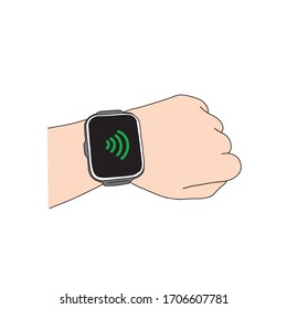 Contactless payment via pos terminal with smartwatch, vector illustration