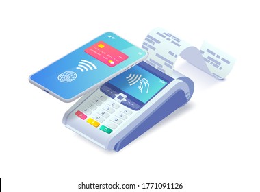 Contactless payment via smartphone isometric concept. 3d payment machine and mobile phone with credit card and fingerprint on screen. Success NFC payment transaction. Vector illustration for web, app.