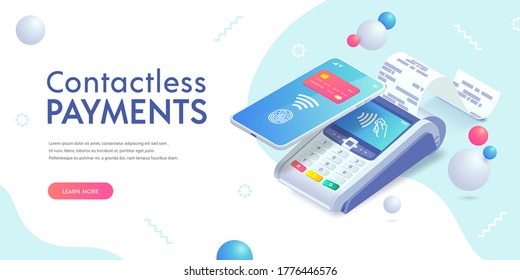 Contactless payment via smartphone isometric abstract banner concept. 3d payment machine, mobile phone with credit card, fingerprint. Success cashless NFC payment transaction. Vector illustration.