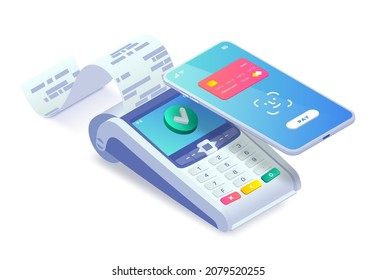 Contactless payment via smartphone isometric concept. 3d Mobile phone face id payment with payment machine. Success transaction NFC payment aproved. Vector biometric identification mobile pay