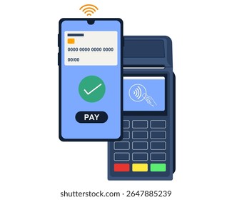 Pago sin contacto Pagos inalámbricos sin efectivo con la Ilustración vectorial digital de telefonía móvil y la tecnología NFC	