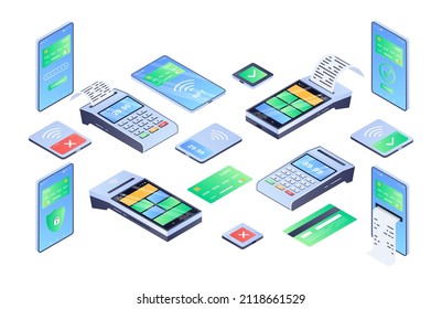 Contactless payments abstract set. Colorful stickers with cashless payment terminals, NFS credit cards, smartphones and receipts. Cartoon isometric vector collection isolated on white background