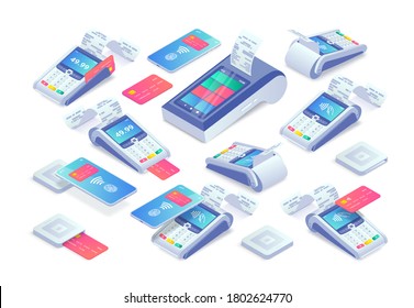 Contactless payments isometric set. 3d Cashless payment machine, smartphone, credit card, smart terminal with online cash desk, EMV chip card square reader. Mobile NFC payments vector collection.