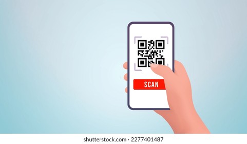 Contactless payments with QR code payment concept. Hand holding phone scanning QR code, making it suitable for e-commerce and finance visuals. Horizontal illustration with copy space for text