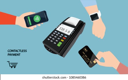 Contactless payments set Payment terminal and Hands with smartwatch on the wrist, smartphone, credit card - flat style - art vector