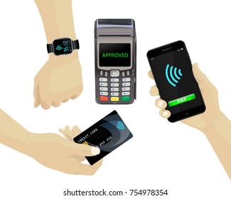 Contactless payments set. POS terminal, smartphone, credit card, smartwatch. Hand holding device.  NFC, Credit Card payments. Near-field communication protocol. Vector Icon. Wifi Mobile Pay. Wireless 