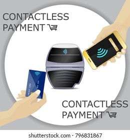 Contactless payments set. POS terminal, smartphone, credit card. Hand holding device. NFC, Credit Card payments. Gray circle background. Vector Icon. Wifi Mobile Pay. Wireless 