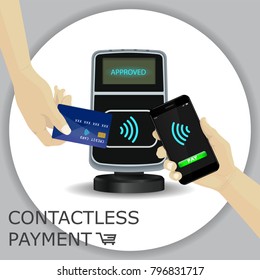 Contactless payments set. Wireless payment POS terminal, smartphone, credit card. Hand holding device. NFC, Credit Card payments. Gray circle background. Vector Icon. Wifi Mobile Pay. 