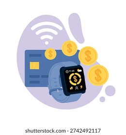 Contactless payments. Smart watches using, near field communication, contactless transactions mobile banking and cashless money transfer, vector cartoon flat style isolated ecommerce wallet concept
