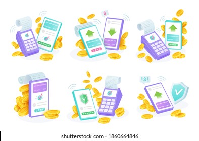 Contactless payments using debit, credit or smart cards, key fobs set. Mobile transfers, financial transactions. Online checkout, POS terminal, smartphone, money. Vector collection isolated on white.