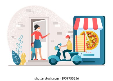 Contactless pizza delivery. Ordering pizza using a mobile application and delivery. Concept vector illutration.