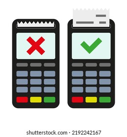 Contactless POS terminal, payment approved and rejected. Flat vector illustration isolated on yellow background.