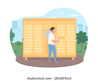 Contactless postal service review 2D vector web banner, poster. Mailbox row. Man with letter flat character on cartoon background. Delivery during lockdown level printable patch, colorful web element