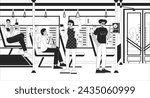 Contactless public transport payment black and white line illustration. Multicultural bus passengers using phones 2D characters monochrome background. Wireless bus fare outline scene vector image