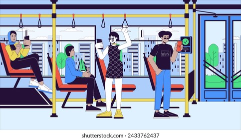 Ilustración plana de dibujos animados de pago de transporte público sin contacto. Pasajeros de autobús multicultural usando teléfonos 2D línea personajes de fondo colorido. Imagen de narración vectorial de escena de tarifa de autobús inalámbrico