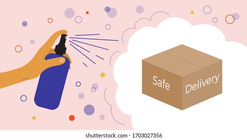 Contactless safe delivery. Antibacterial protection of package against viruses, coronavirus bacteria, prevent infection. Spraying by sanitizer dispenser to cleaning delivery box. Vector illustration.