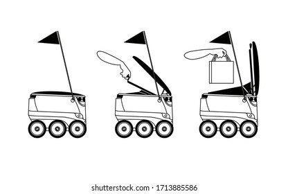 Contactless safe delivery concept during quarantine. outline icons concept set. Box and bags with food and goods delivered by robot. Prevention of coronavirus.