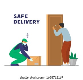 Contactless safe delivery. Courier in protective mask and gloves leaves box near door and inform customer who is looking to spy hole. Coronavirus outbreak. Flat vector illustration.