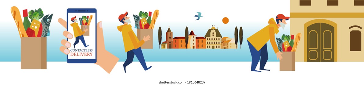Contactless safe delivery of products. Vector illustration.
