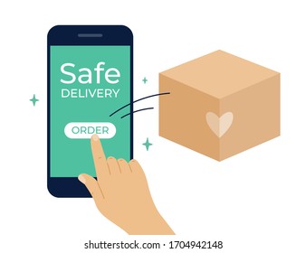 Contactless safe delivery service concept. Stay home, order goods online by smartphone. Human hand pressing button to order express delivery. Box flying out of mobile phone screen. Vector illustration