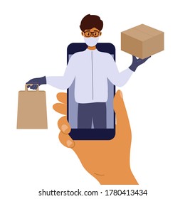 Contactless safe delivery service. Mobile app to order food or goods online. Man in protective face mask and gloves holding box and bag in hands. Delivery guy on smartphone screen. Vector illustration