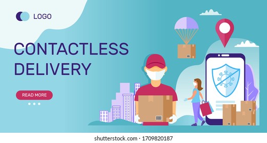Contactless safe delivery template for banner, landing page, web site. Vector illustration