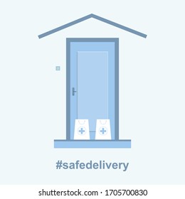 Contactless safe drug delivery. Delivery to the door. Self-isolation and quarantine as a way of life during the coronavirus pandemic. E-commerce. Vector illustration.