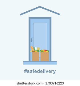 Contactless safe food delivery. Delivery to the door. Self-isolation and quarantine as a way of life during the coronavirus pandemic. E-commerce. Vector illustration.