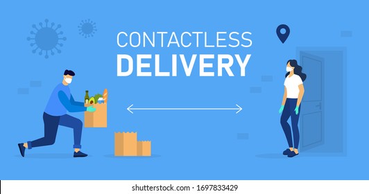 Contactless Safe food delivery. Quarantine Coronavirus Covid-19. Grocery food home delivery. Vector