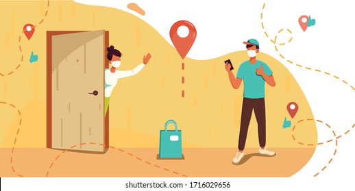 Contactless safety delivery concept illustration. The courier leaves the parcel  in front of the door at the safe distance to protect form covid-19 or coronavirus. 