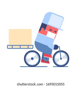 Contactless secure delivery service. Delivery man wearing medical mask and gloves riding a bicycle with delivery box on it. Layered file. You can insert your object or place logo on the cap or box.
