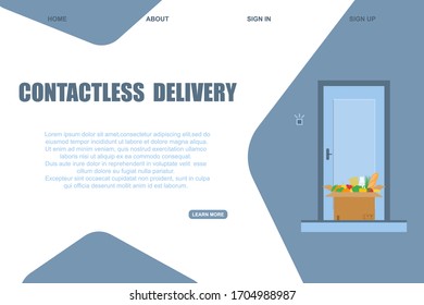 Contactless secure delivery website template. Contactless door-to-door delivery of food during coronavirus quarantine. Flat vector.