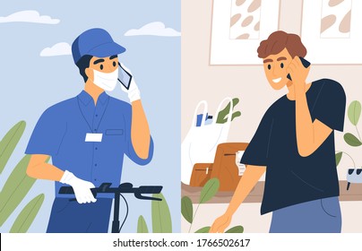 Contactless shipment service vector flat illustration. Male courier in medical mask and gloves talk phone with customer. Deliveryman call guy to deliver order or groceries during quarantine