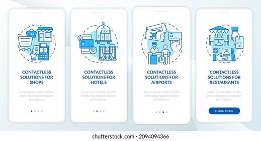 Contactless solution for public place blue onboarding mobile app screen. Walkthrough 4 step graphic instructions pages with linear concept. UI, UX, GUI template. Myriad Pro-Bold, Regular fonts used