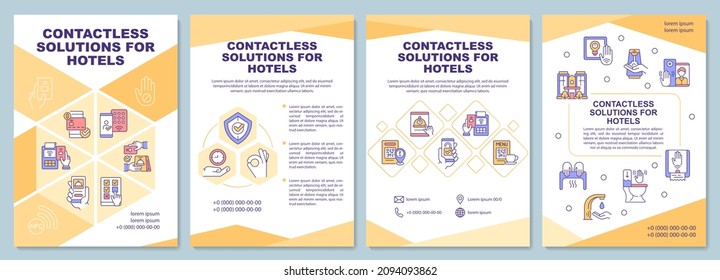 Contactless solutions for hotel brochure template. Booklet print design with linear icons. Vector layouts for presentation, annual reports, ads. Arial-Black, Myriad Pro-Regular fonts used