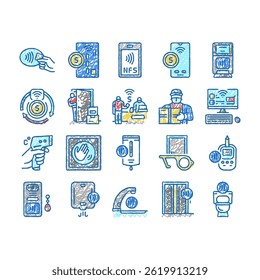 Contactless System Technology doodle icons set vector. Contactless Payment With Card Smartphone Nfc At Pos Terminal, Faucet Antiseptic Dispenser, Elevator Toilet Line.  sketch hand drawn
