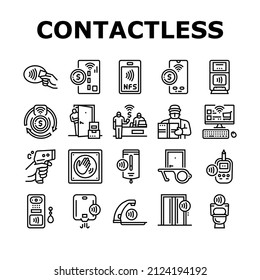 Contactless System Technology Icons Set Vector. Contactless Payment With Card And Smartphone Nfc At Pos Terminal, Faucet And Antiseptic Dispenser, Elevator And Toilet Line. Black Contour Illustrations