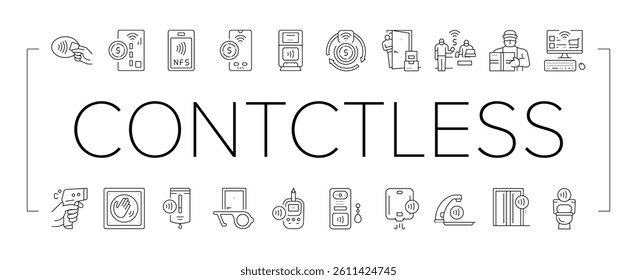 Contactless System Technology Icons Set Vector. Contactless Payment With Card And Smartphone Nfc At Pos Terminal, Faucet And Antiseptic Dispenser, Elevator And Toilet Line. Black Contour Illustrations