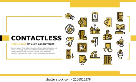 Contactless System Technology Landing Web Page Header Banner Template Vector. Contactless Payment With Card And Smartphone Nfc At Pos Terminal, Faucet Antiseptic Dispenser, Elevator. Illustration