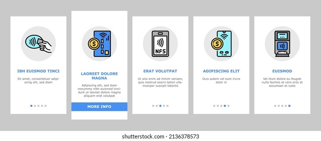 Contactless System Technology Onboarding Mobile App Page Screen Vector. Contactless Payment With Card And Smartphone Nfc At Pos Terminal, Faucet Antiseptic Dispenser, Elevator Toilet . Illustrations