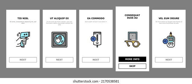 Contactless System Technology Onboarding Mobile App Page Screen Vector. Contactless Payment With Card And Smartphone Nfc At Pos Terminal, Faucet Antiseptic Dispenser, Elevator Toilet . Illustrations