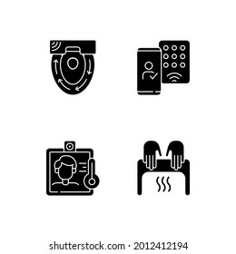 Contactless technology black glyph icons set on white space. Special automatic toilet seat cover. Detecting mobile credentials to authenticate. Silhouette symbols. Vector isolated illustration