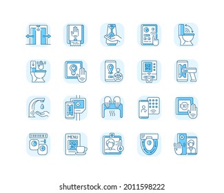 Contactless technology blue RGB color icons set. Controlling house eco system from smartphone. Reducing germ spreading during covid. Isolated vector illustrations
